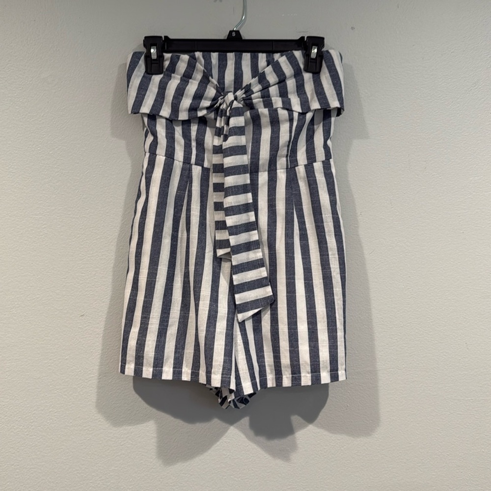 Polly Blue and White Striped Strapless Romper with Waist Tie - Size 6